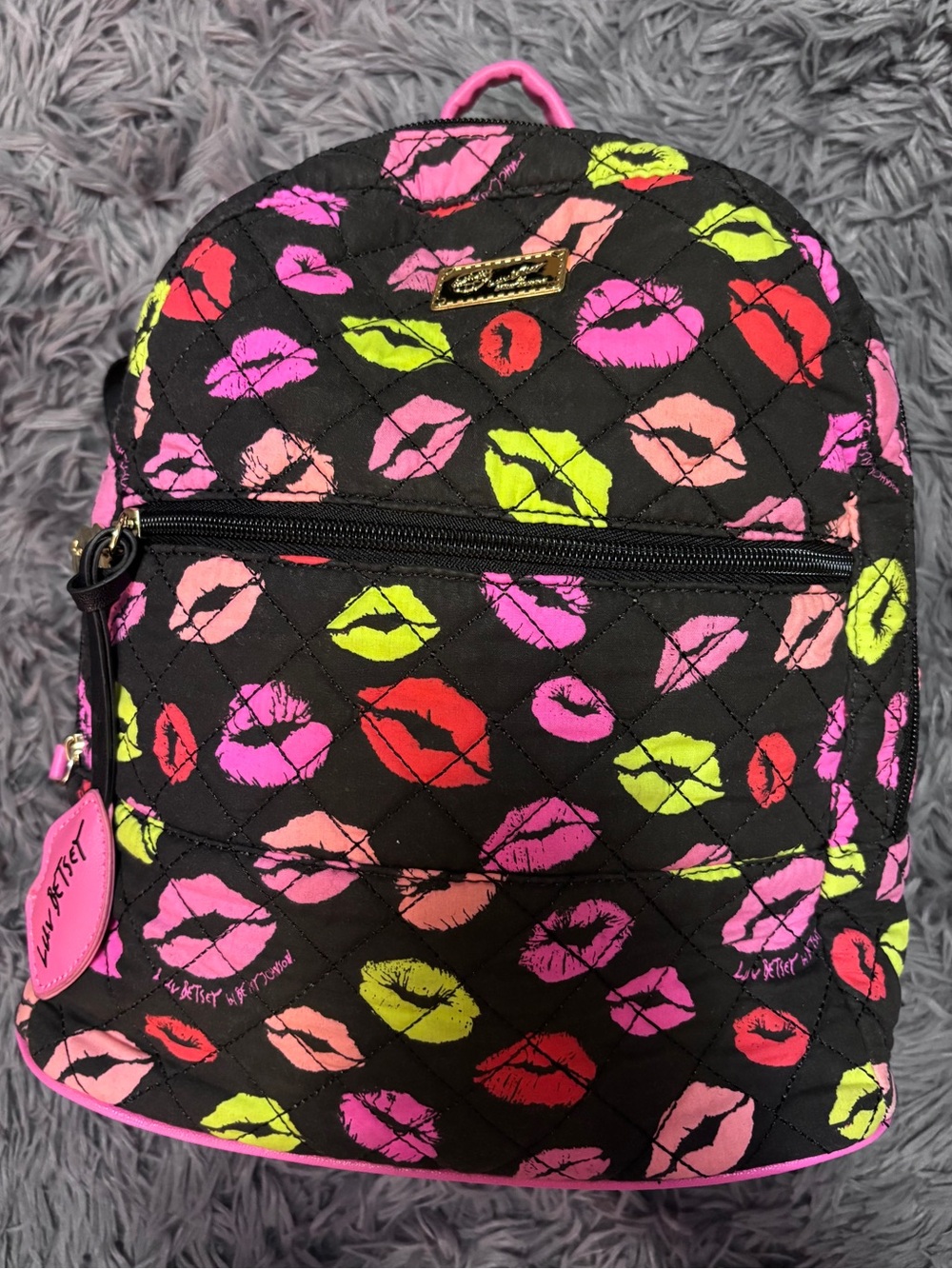 Betsey Johnson Quilted Lips Print Mini Backpack Black Pink Neon Travel Bag